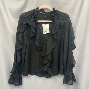 NWT Zara Swiss Dot Ruffle Long Sleeve Sheer Black Top Size Small